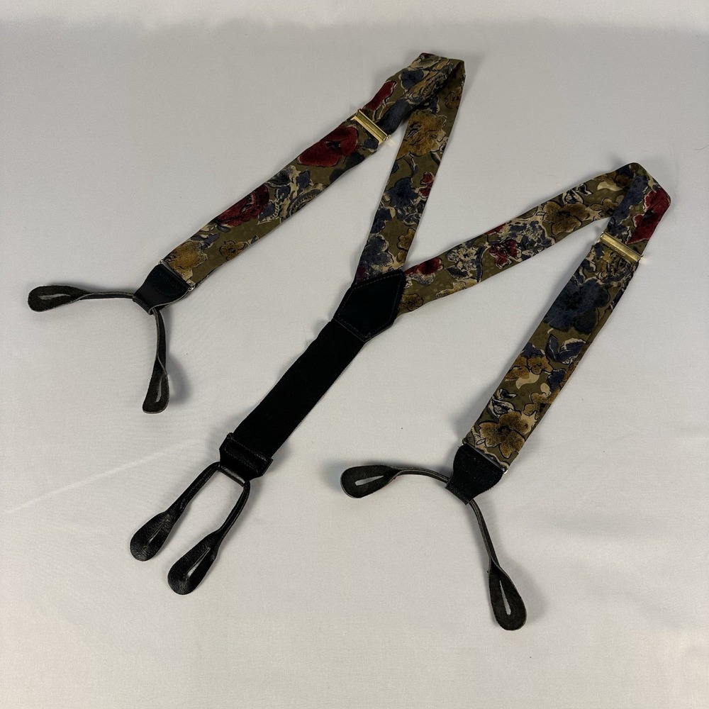 Vintage Pelican USA Silk Floral Suspenders Button Braces Y Back Leather Ends